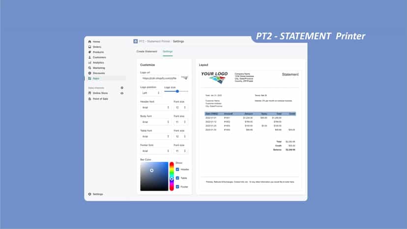 PT2 Statement Printer App - customize statement screenshot