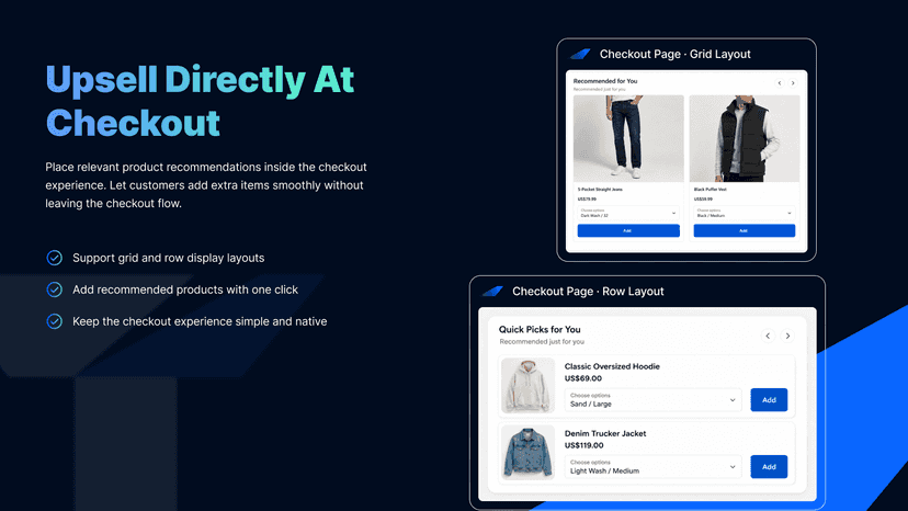 Checkout page upsell widgets in grid and row layouts