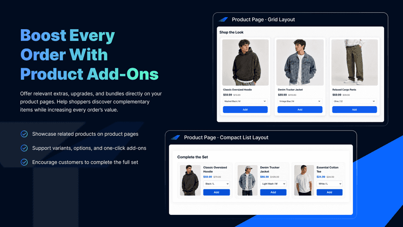 Product page add-ons in grid and compact layouts