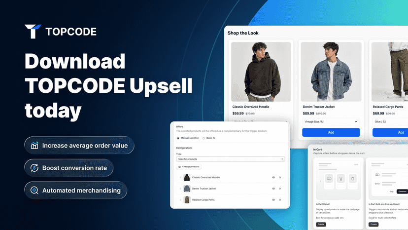 Topcode Upsell hero banner with shopping bag and icons