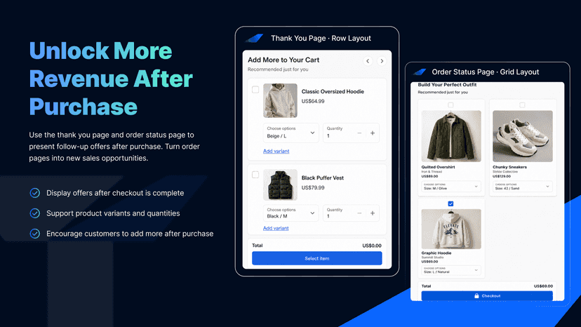After-purchase upsell widgets on thank you pages