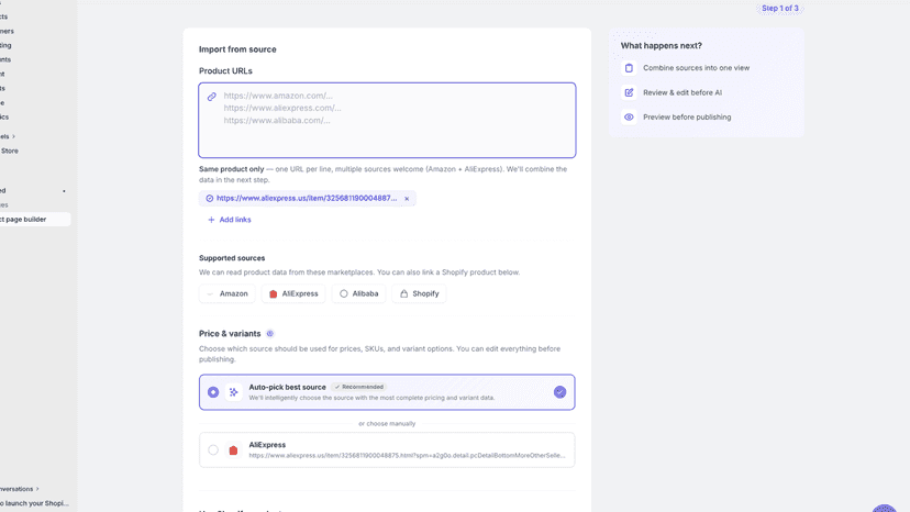 Zenfeed product import screen
