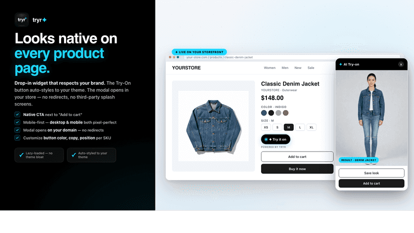 Native Tryr widget on the Shopify product page.