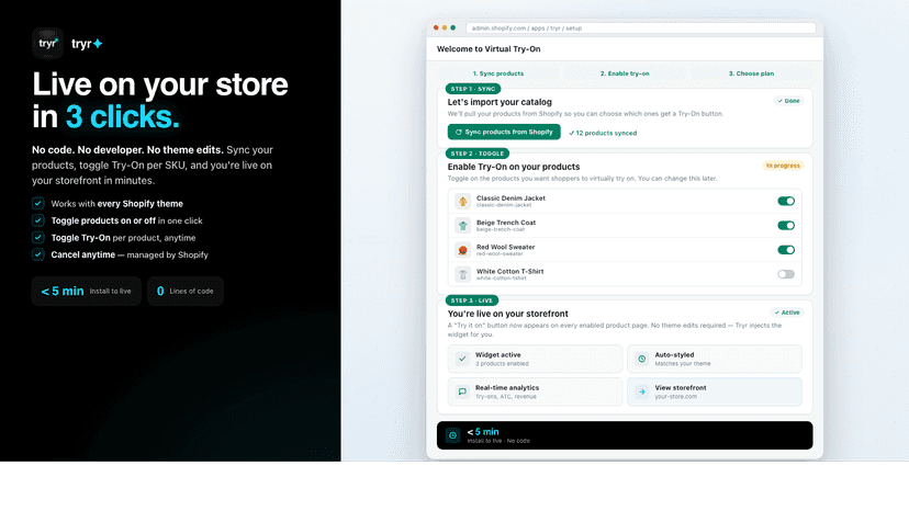 Live analytics: try-ons, ATC, conversion, revenue per SKU.