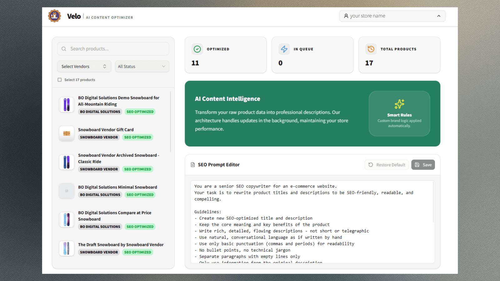 Velo AI dashboard with product SEO optimization status