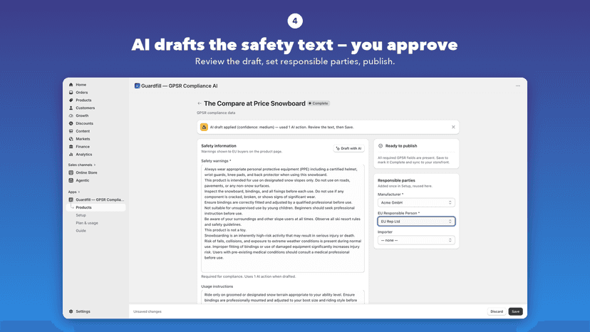 AI-drafted product safety text ready to review and publish