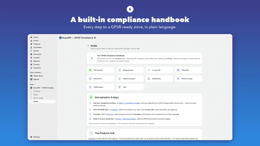 Built-in GPSR compliance guide with step-by-step help