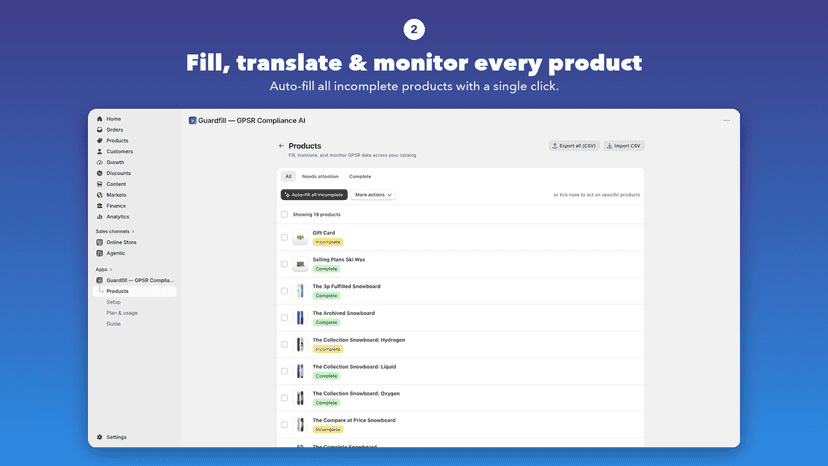 Products list to auto-fill, translate and monitor GPSR