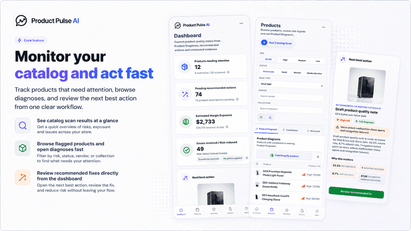Shopify catalog workflow with filters and recommended fixes
