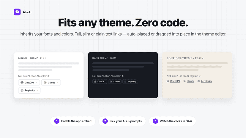 Fits any theme. Slim or full. Zero code.