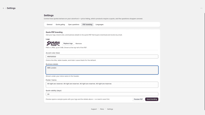 PDF branding settings for quote logo and business details