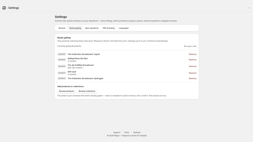 Quote gating settings for choosing products that need quotes