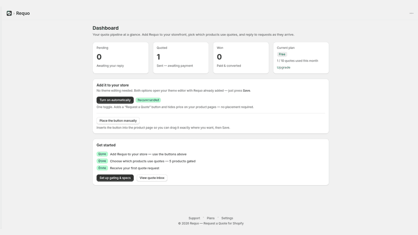 Requo dashboard showing quote status and setup steps