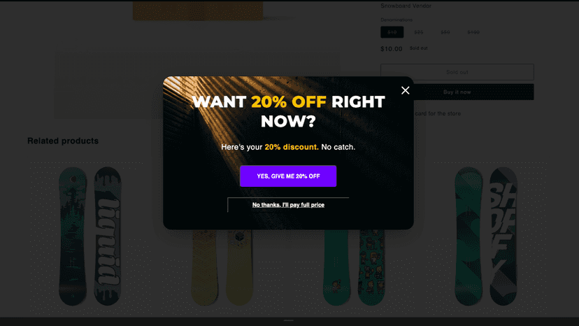 Live exit-intent popup on a Shopify product page