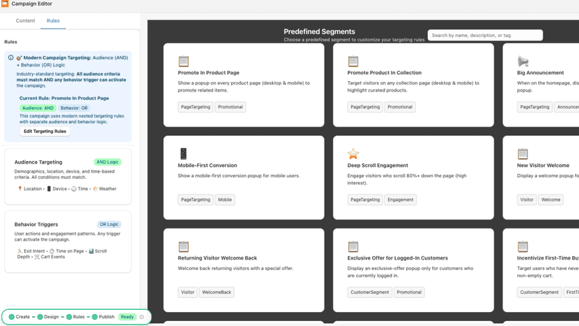 Predefined targeting segments for visitor behavior