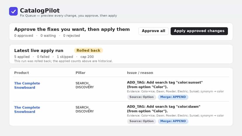 CatalogPilot suggessted fixes