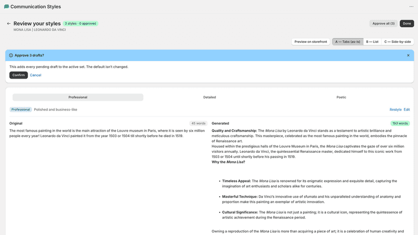 Confirmation modal asking "Apply 3 to Shopify?"