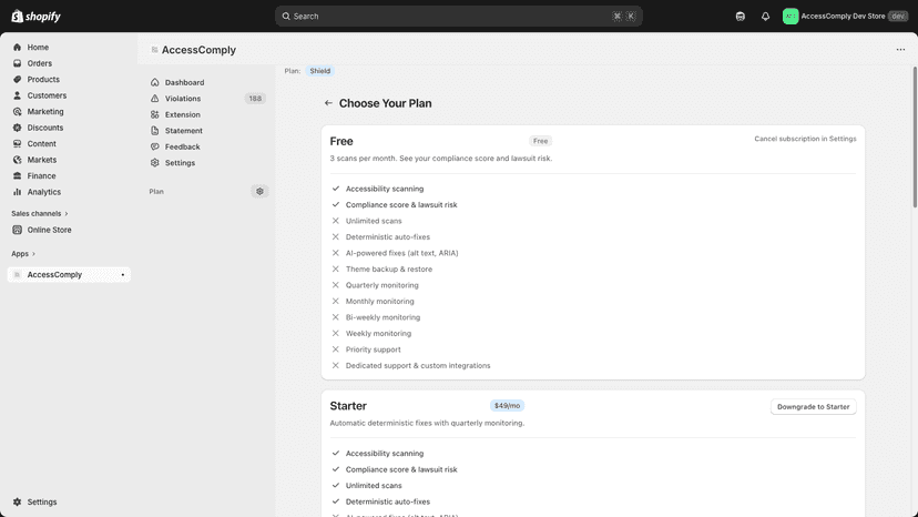 Plan comparison and upgrade page with pricing tiers
