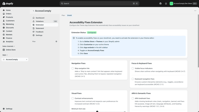 Theme App Extension settings for CSS accessibility fixes