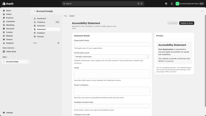 Accessibility statement generator with live preview