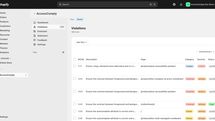 Violations page with category filters and severity levels