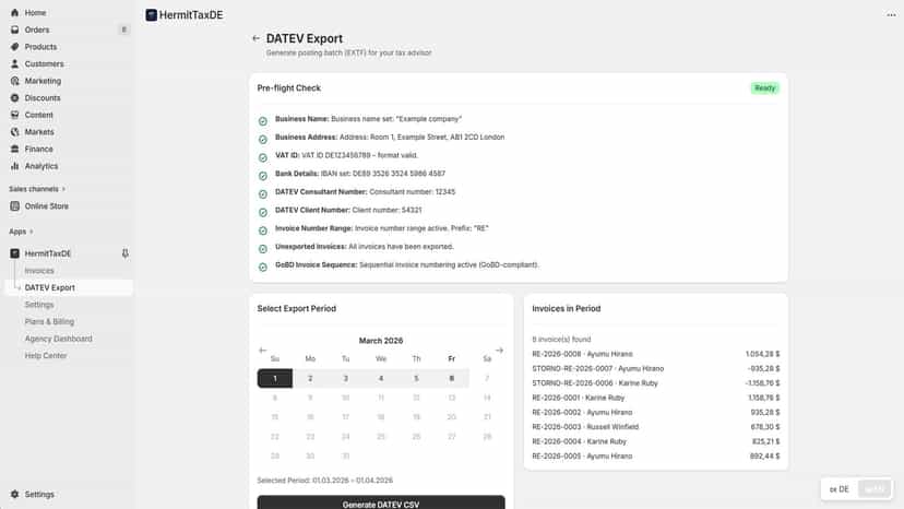 DATEV EXTF export page for Steuerberater download
