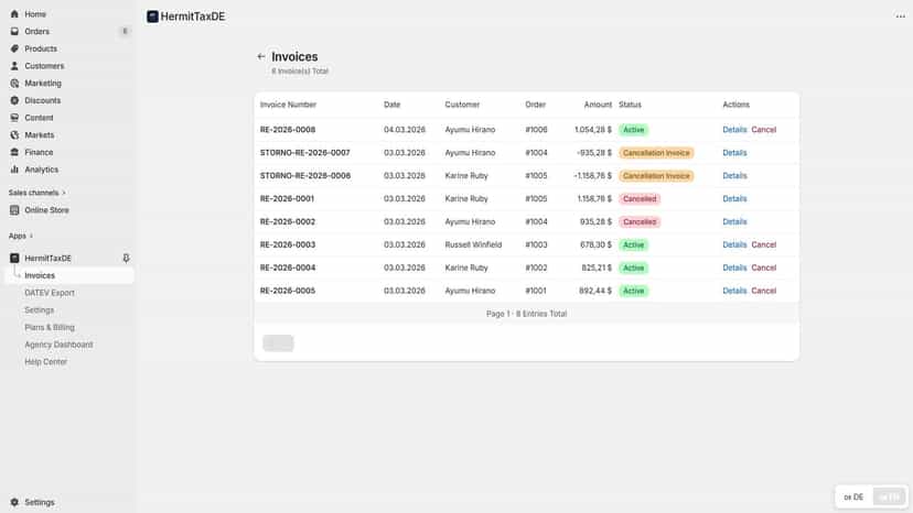 Invoices list with GoBD-compliant sequential invoice numbers