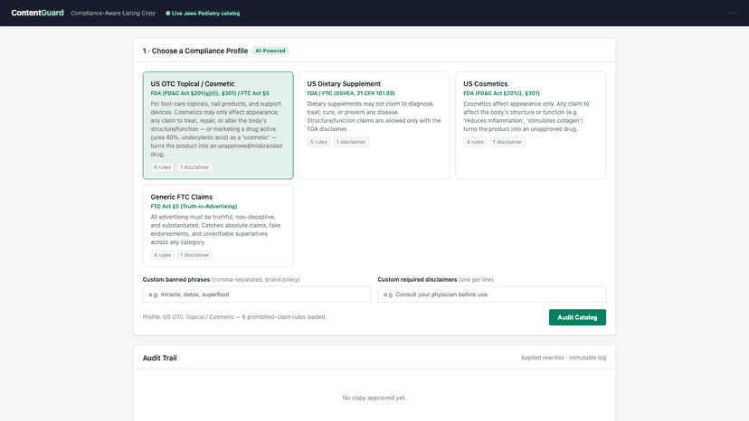 ContentGuard scans product copy and rewrites risky claims safely