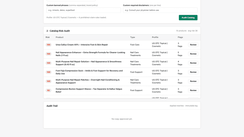 Catalog Risk dashboard scoring every product by compliance