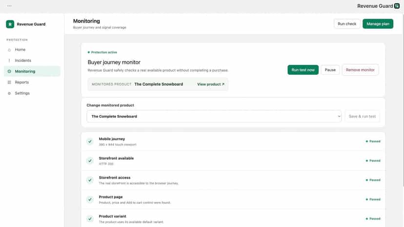 Buyer journey monitor showing product cart and checkout checks