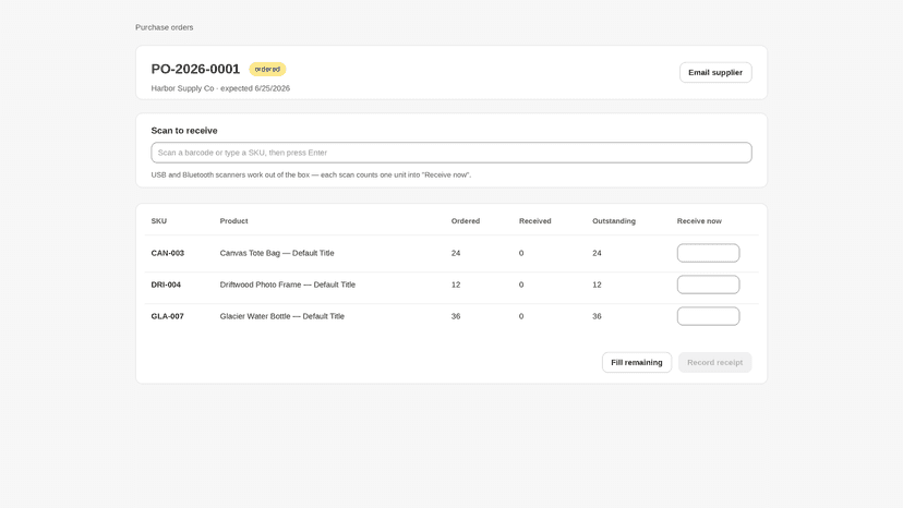 Purchase order with scan-to-receive and outstanding quantities