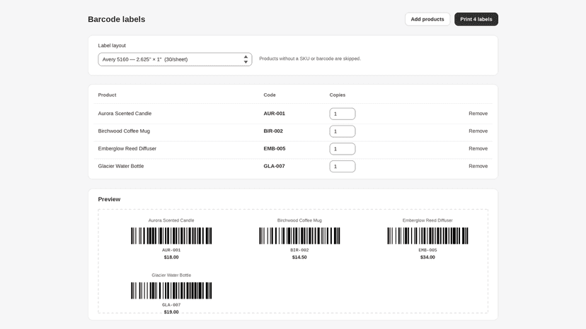 Barcode label sheet builder with live barcode preview