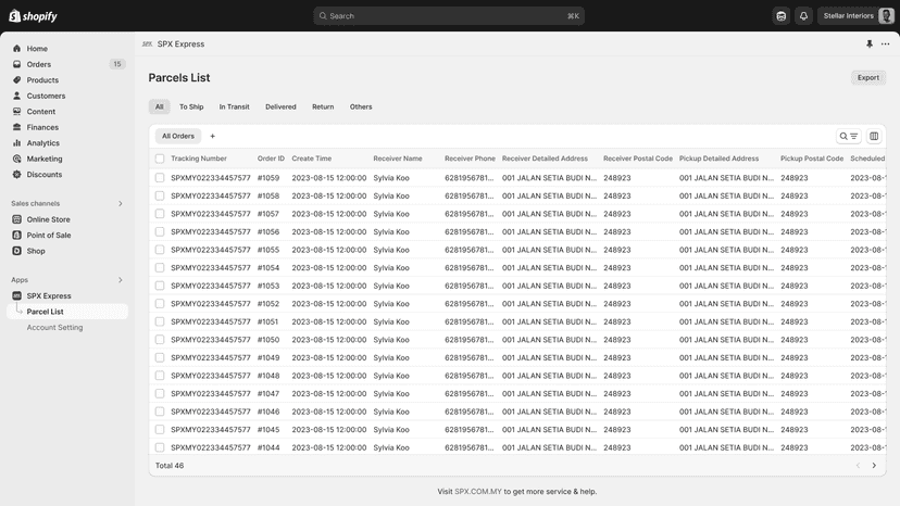 Parcels list for order tracking