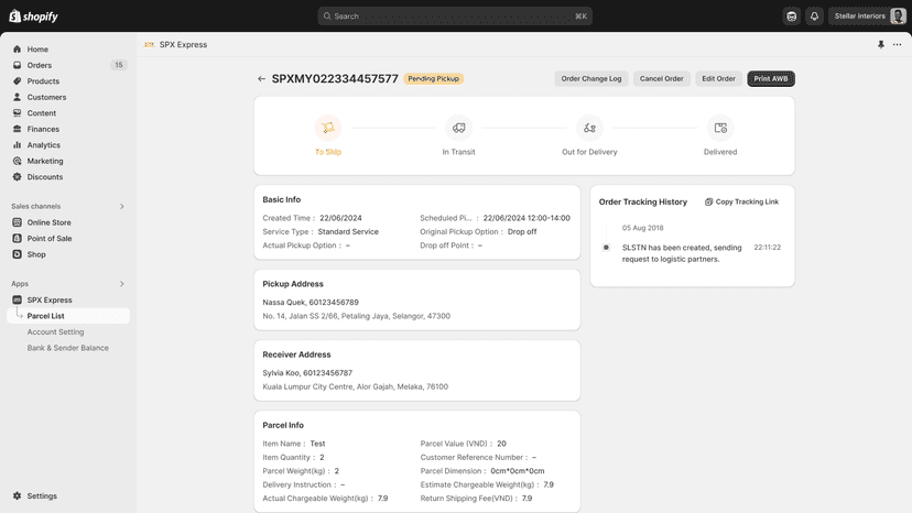 Order detail page for status tracking