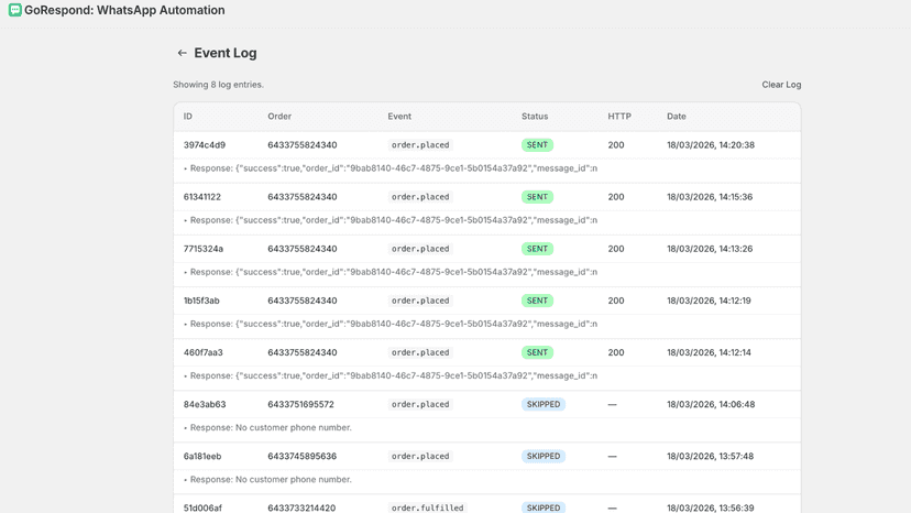 Event log showing sent and skipped messages with response detail