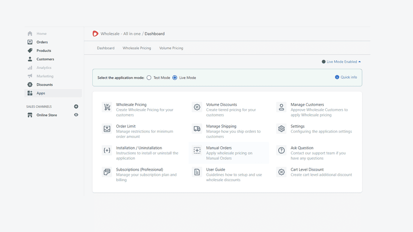 Wholesale All In One application dashboard