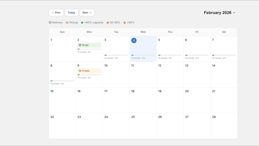 Calendar view of rental bookings
