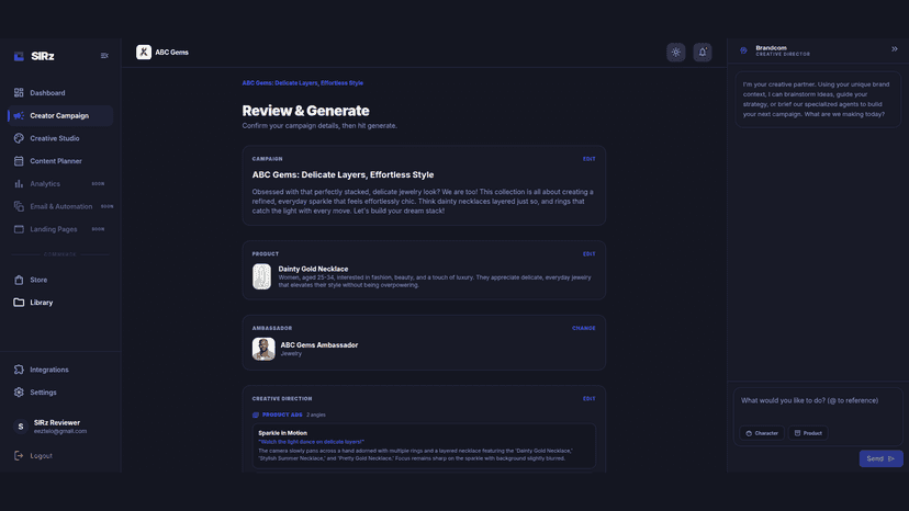 Campaign creation with product, ambassador, and script preview