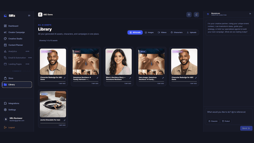 SIRz asset library with AI-generated brand ambassadors and ads