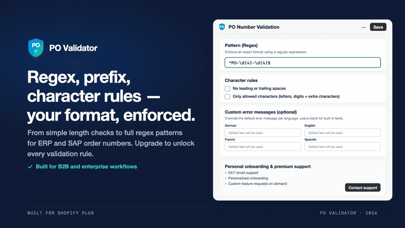 PO Validator admin: regex, character & error message rules