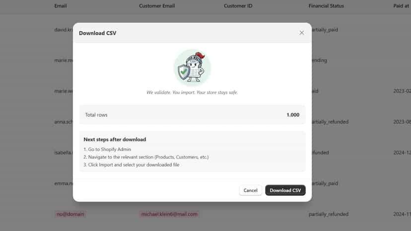 modal for downloading fixed csv