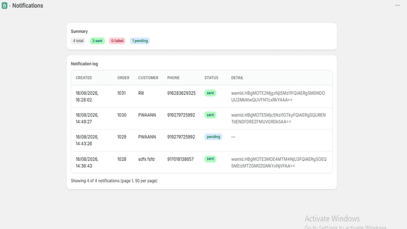 Notifications page
