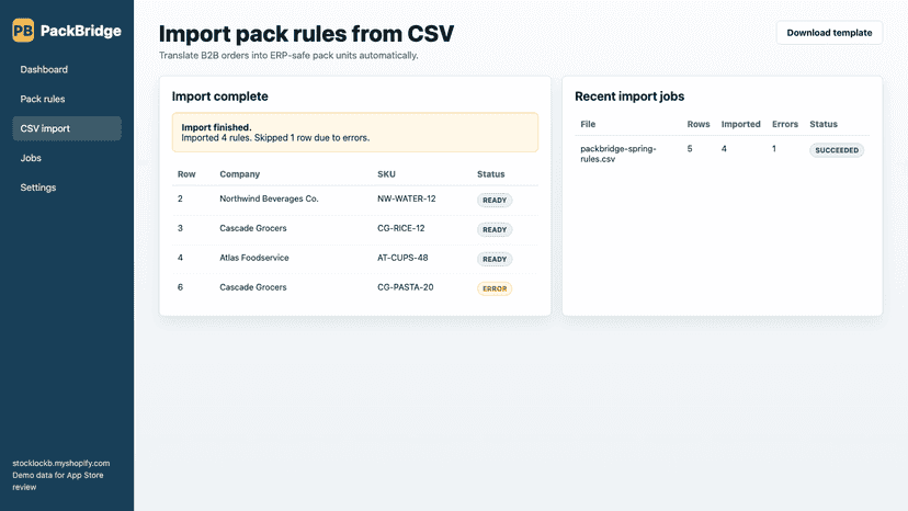 CSV import summary for bulk pack rules