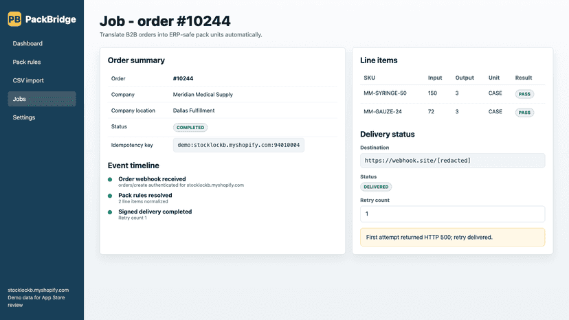 Job detail with event timeline and delivery info