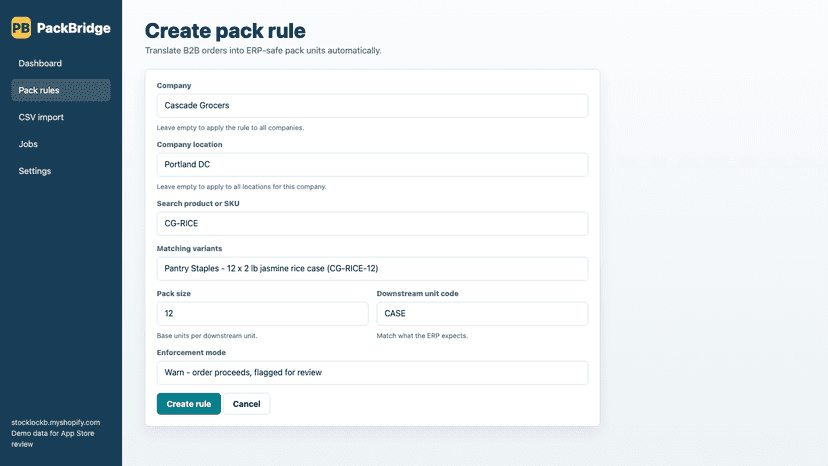 Pack rule form showing company location and SKU