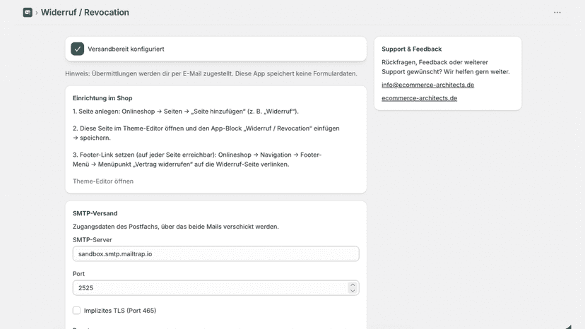 App-Einstellungen für SMTP-Versand, Empfänger und Mail-Texte