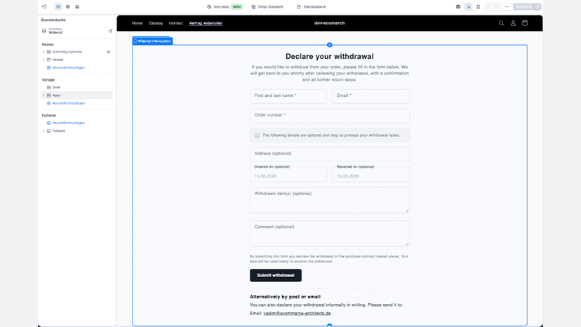 Widerruf-Block per Theme-Editor auf einer Shop-Seite einfügen