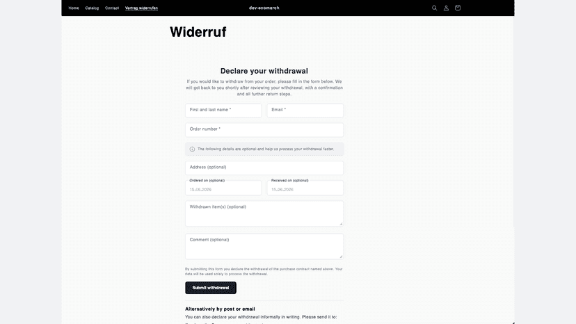 Widerruf-Formular im Shop mit Name, E-Mail und Bestellnummer