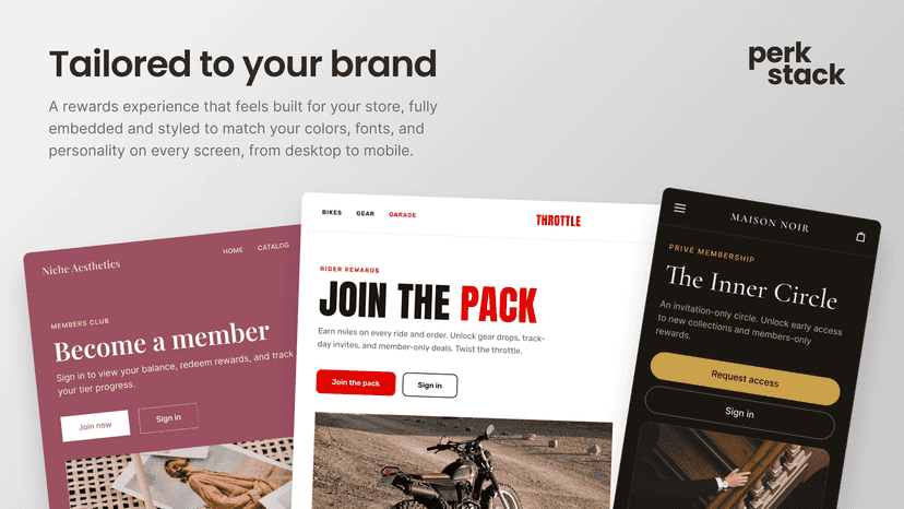 PerkStack loyalty widget styled to match three different brands