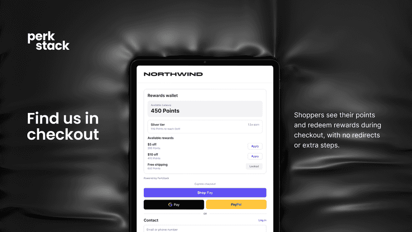 Rewards wallet embedded in Shopify checkout, no redirects